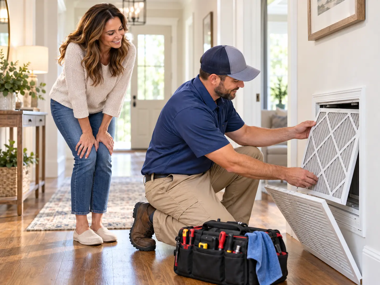 Return-air filter being replaced in a Columbus, GA home hallway
