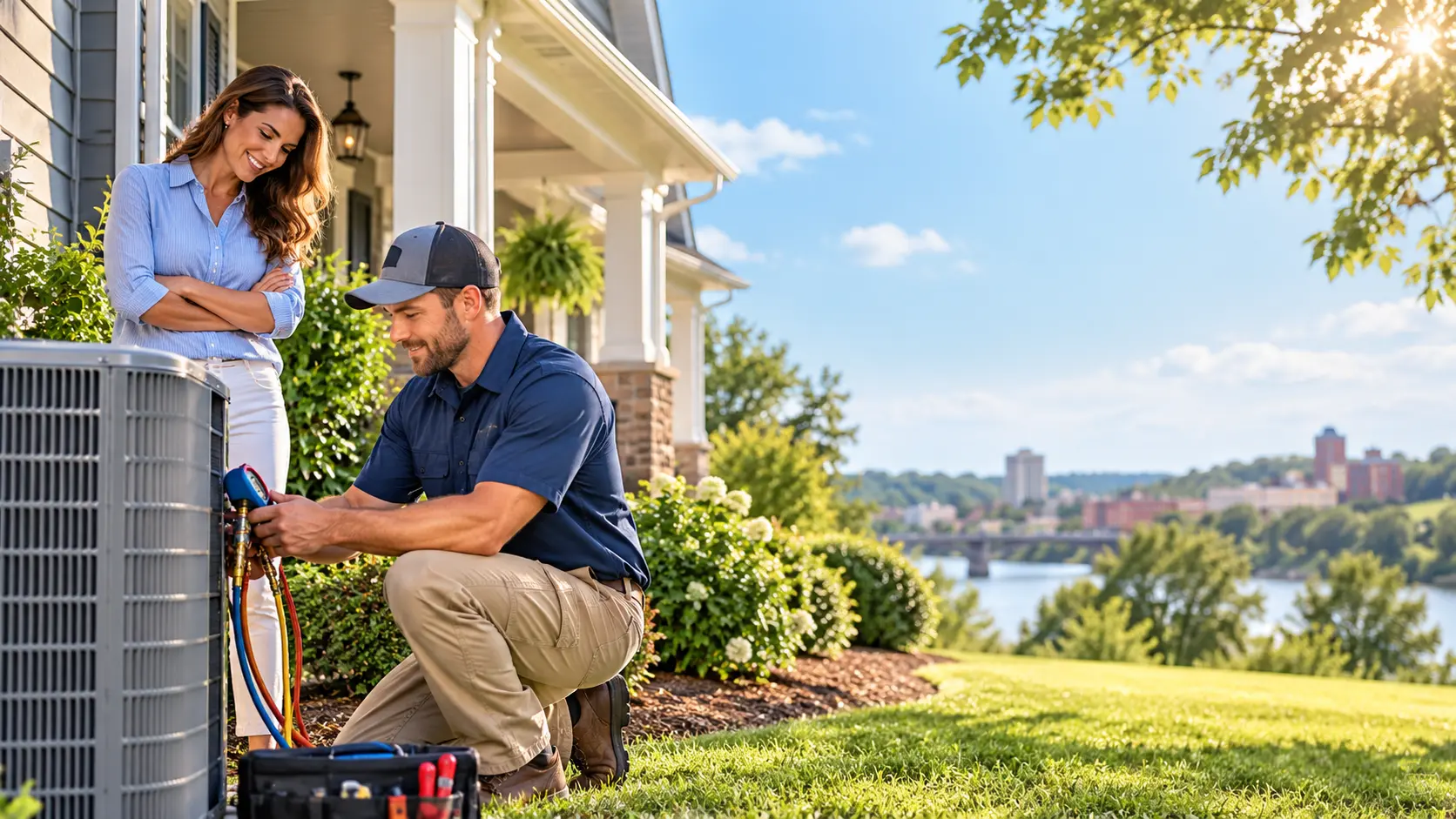 Air conditioning service visit at a Columbus, GA home with the Chattahoochee River in the background